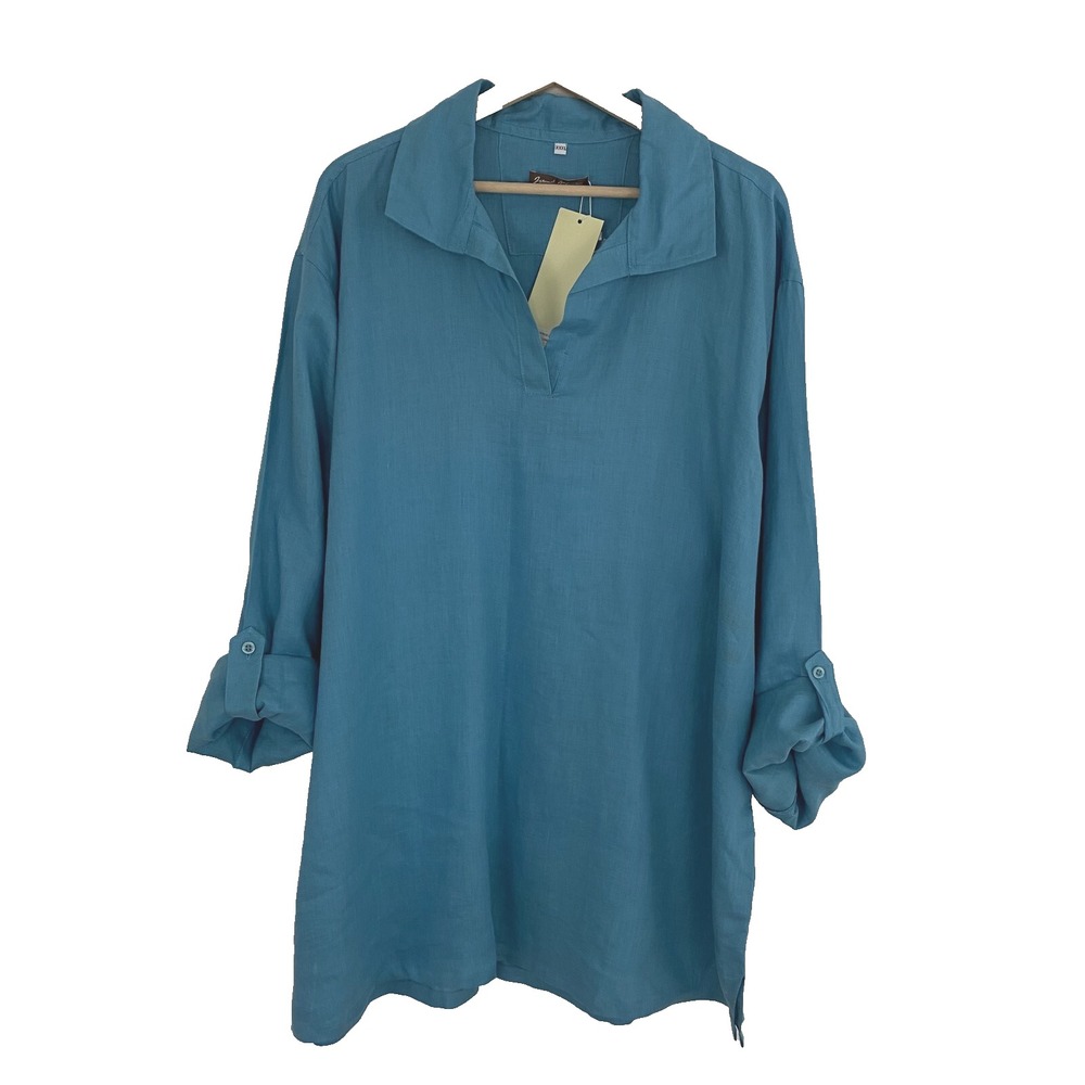 Island Importer Womens Linen Popover Tunic Top XXXL Blue Coastal Travel V-neck‎